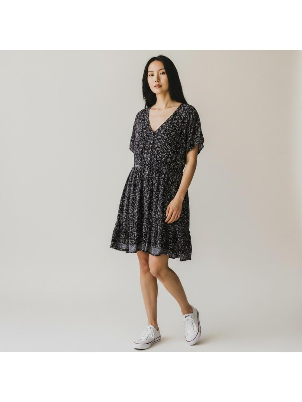 NWOT Rokoko V Neck Short Sleeve Lightweight Mini Dress, Dark Navy Floral, Small